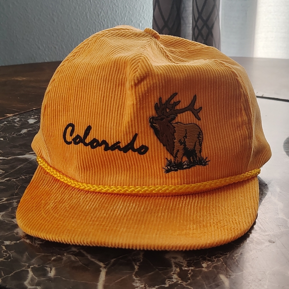 Vintage 80s 90s Colorado Elk Embroidered Yellow 💛 Corduroy Hat Cap VTG